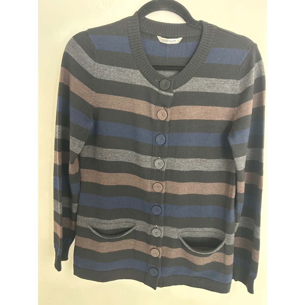 Optimum Merino Wool Striped Cardigan Sweater Womens Small Black Blue New Zealand